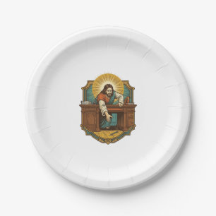Jesus Dropped Pen Behind Heavy Desk Clumsy Humor_1 Paper Plate