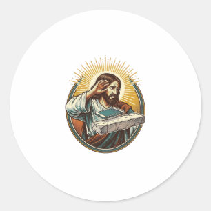 Jesus Dropped Phone Face Flat Concrete Panic Scree Classic Round Sticker
