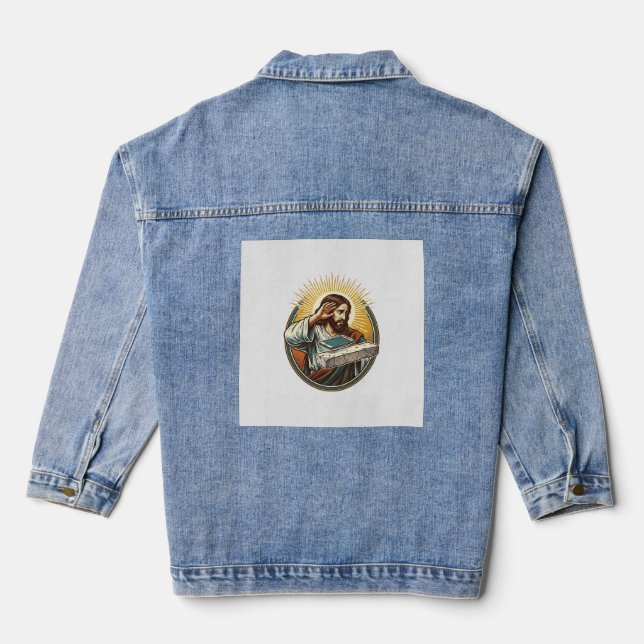 Jesus Dropped Phone Face Flat Concrete Panic Scree Denim Jacket (Back)