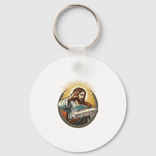 Jesus Dropped Phone Face Flat Concrete Panic Scree Keychain (Front)
