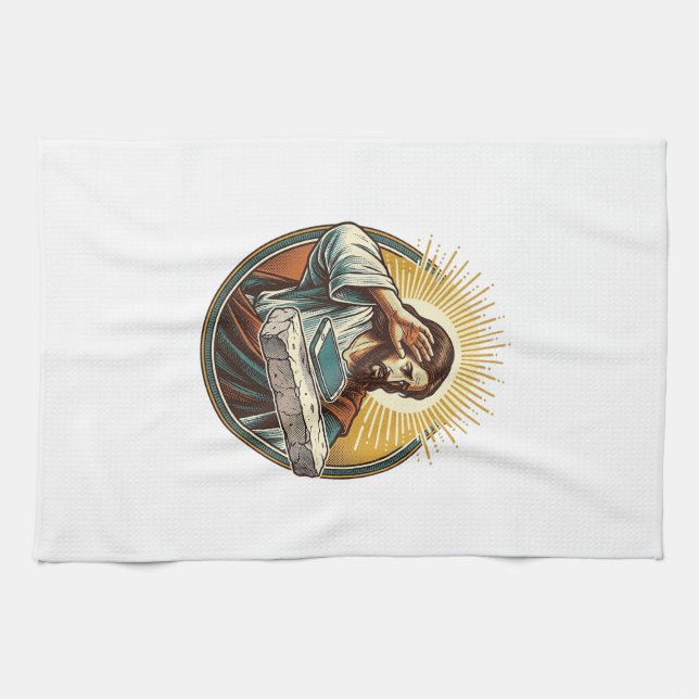 Jesus Dropped Phone Face Flat Concrete Panic Scree Kitchen Towel (Horizontal)