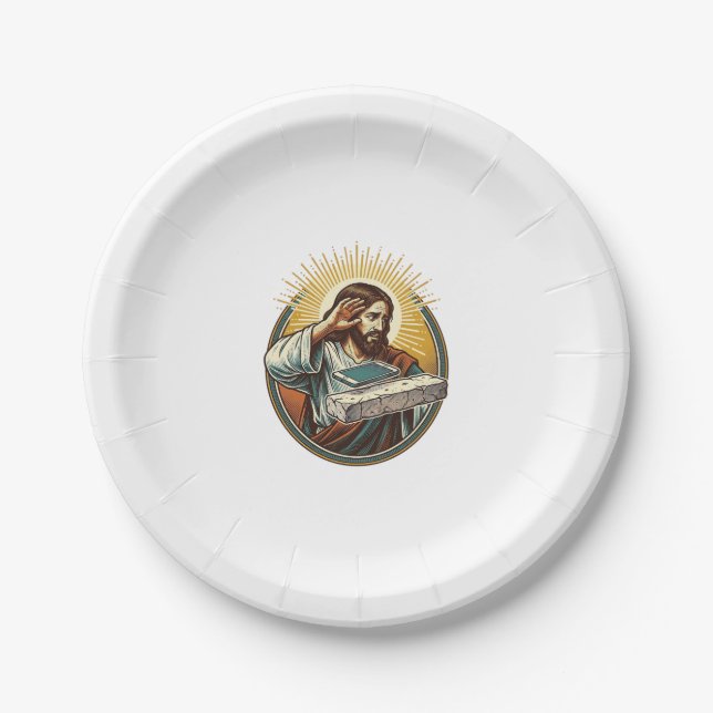Jesus Dropped Phone Face Flat Concrete Panic Scree Paper Plate (Front)