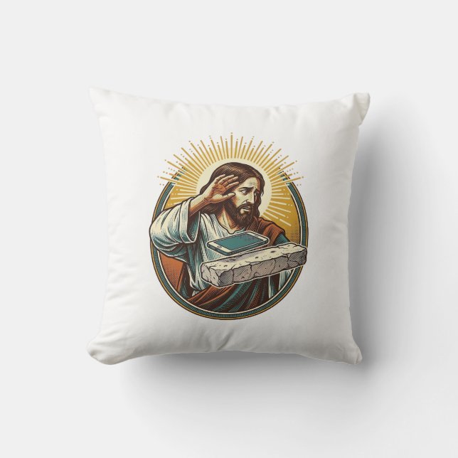 Jesus Dropped Phone Face Flat Concrete Panic Scree Throw Pillow (Front)