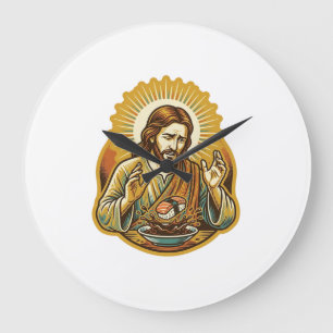 Jesus Dropped Sushi In Soy Sauce Splatter Food Hum Large Clock