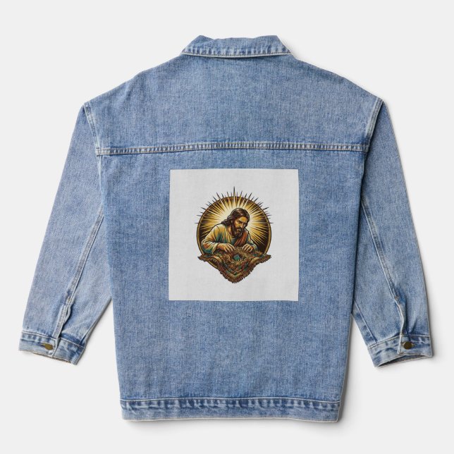 Jesus Dropped Tiny SD Card Lost Carpet Tech Humor_ Denim Jacket (Back)