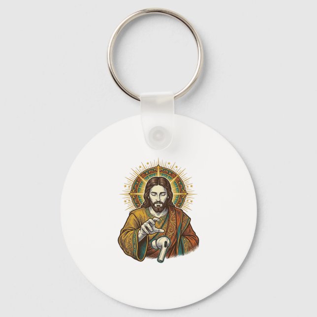 Jesus Dropped Wireless Earbud Under Desk Tech Clum Keychain (Front)