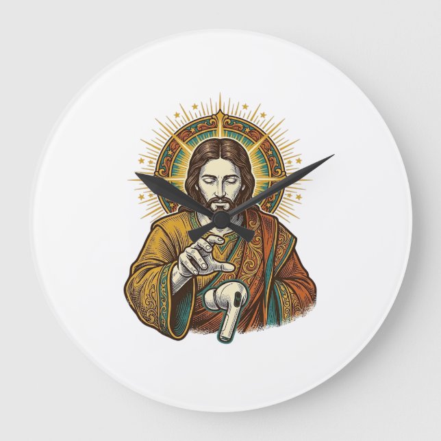 Jesus Dropped Wireless Earbud Under Desk Tech Clum Large Clock (Front)