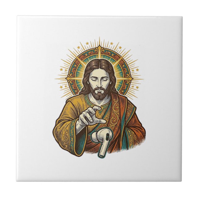 Jesus Dropped Wireless Earbud Under Desk Tech Clum Tile (Front)