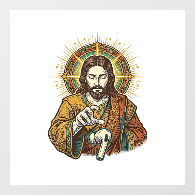 Jesus Dropped Wireless Earbud Under Desk Tech Clum Window Cling (Sheet)