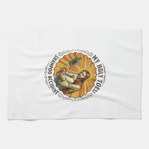 Jesus Dropping Shampoo Bottle On Foot Shower Pain Kitchen Towel