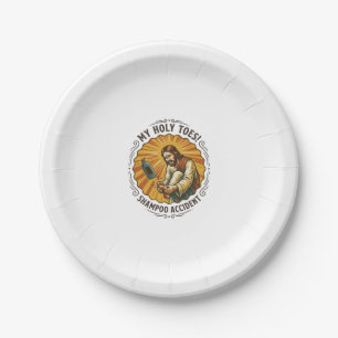 Jesus Dropping Shampoo Bottle On Foot Shower Pain Paper Plate