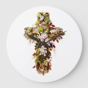 Jesus Easter Sunday Flowering cross Large Clock