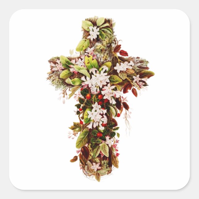Jesus Easter Sunday Flowering cross  Square Sticker (Front)