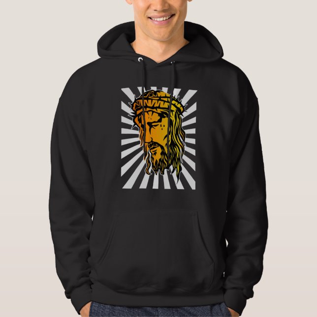 Jesus Enlarged Face And Sun Ray Art 1 Hoodie (Front)