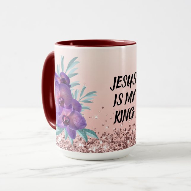 Jésus est mon roi - Mug floral avec texte personna (Devant gauche)