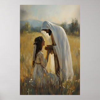 Jésus et fille priant Impression d'art aquarelle