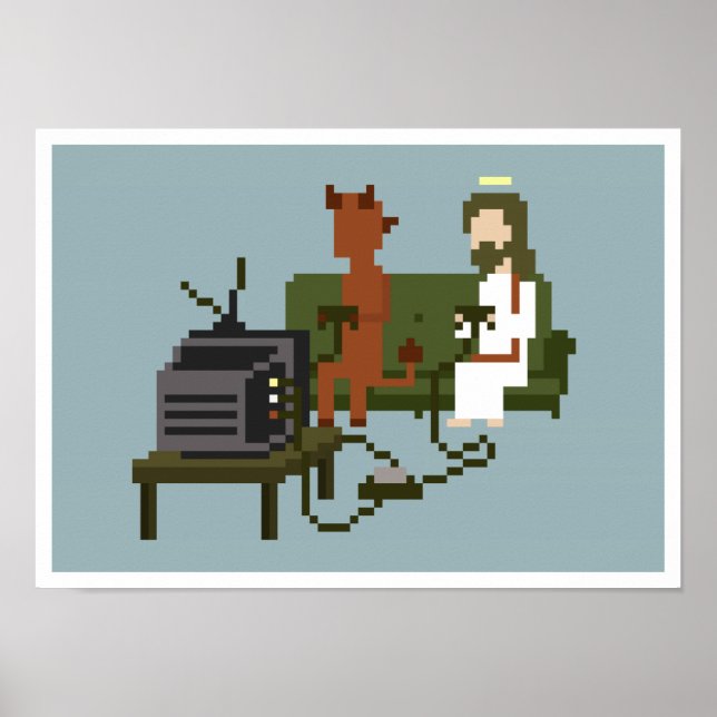 Jésus Et Le Diable Jouer Jeux Vidéo Pixel Poster D (Devant)