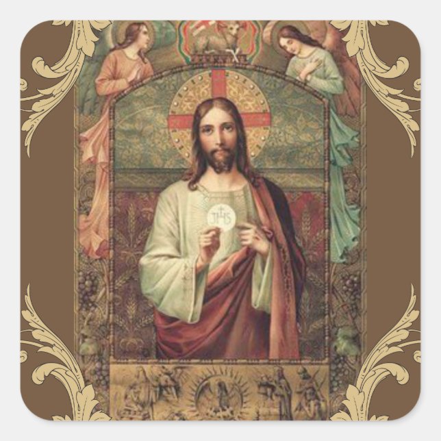 Jesus Eucharist Angels First Holy Communion Square Sticker (Front)