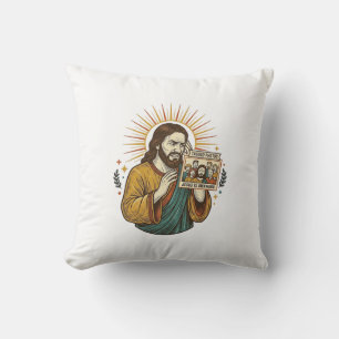 Jesus Eyes Closed Tagged Group Photo Unflattering Throw Pillow