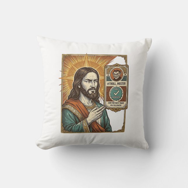Jesus Fake Verified Checkmark Scam Troll Social Hu Throw Pillow (Front)