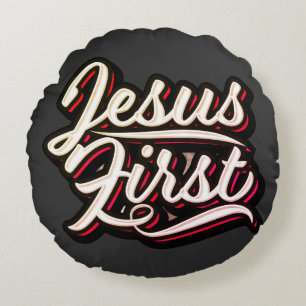 Jesus First 70's Style Round Pillow