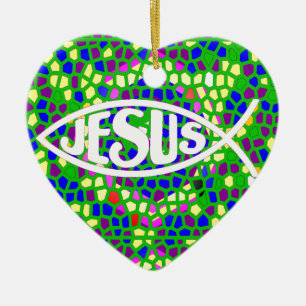 JESUS FISH ICHTHYS GREEN STAINED GLASS WINDOW CERAMIC ORNAMENT