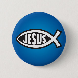 Jesus Fish Secret Symbol Ichthys ΙΧΘΥΣ Blue 2 Inch Round Button