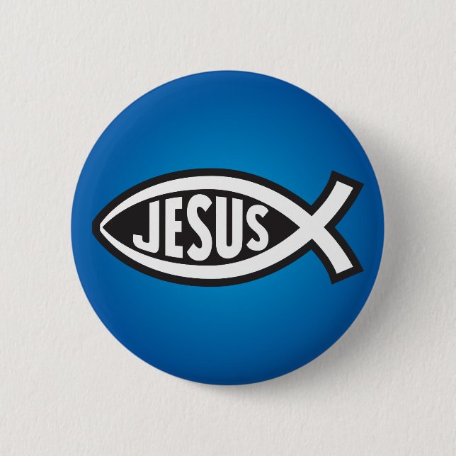 Jesus Fish Secret Symbol Ichthys ΙΧΘΥΣ Blue 2 Inch Round Button (Front)
