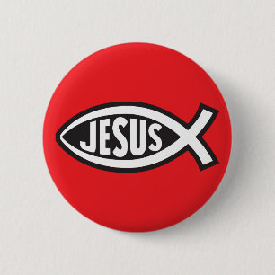 Jesus Fish Secret Symbol Ichthys ΙΧΘΥΣ God Son Red 2 Inch Round Button