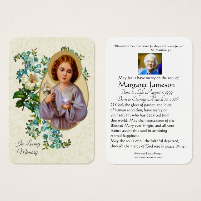 Jesus Floral Catholic Funeral Memorial Holy Card - (Front & Back)
