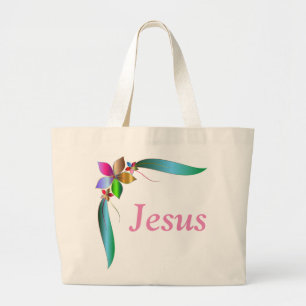 JESUS FLOWER RIBBON LARGE TOTE BAG