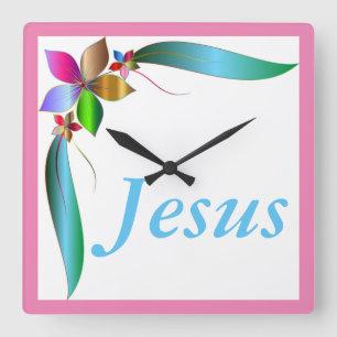 JESUS FLOWER RIBBON SQUARE WALL CLOCK