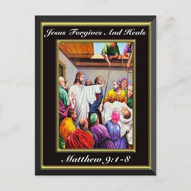 Jesus Forgives and Heals Matthew 9:1-8 black Postcard (Front)