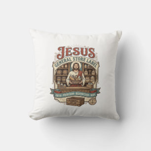 Jesus General Store Label Jesus General Store Chri Throw Pillow