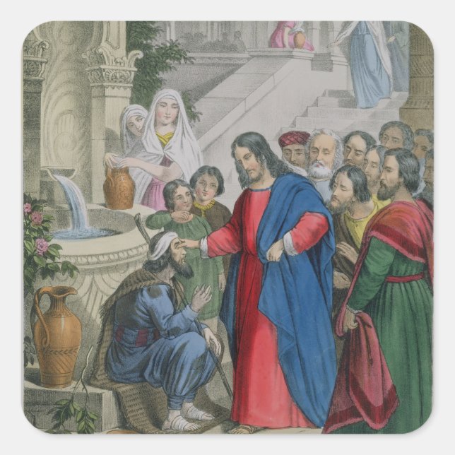 Jesus Gives Sight to One Born Blind, from a bible Square Sticker (Front)
