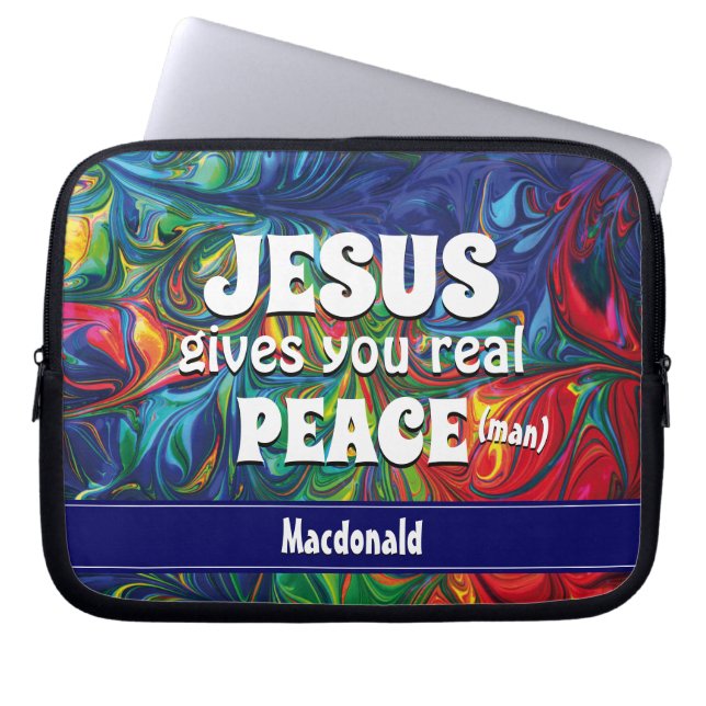 JESUS GIVES YOU REAL PEACE (MAN) Retro Psychedelic Laptop Sleeve (Front)