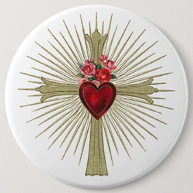 Jesus Gold Cross red heart and roses love 6 Inch Round Button (Front)