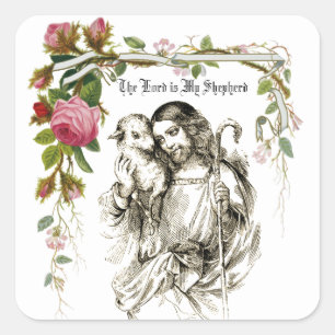 Jesus Good Shepherd Vintage Roses Religious Square Sticker