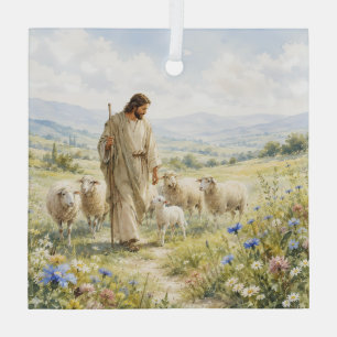Jesus Good Shepherd Wildflower Watercolor Glass Ornament