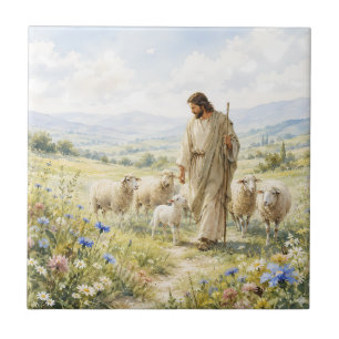 Jesus Good Shepherd Wildflower Watercolor Tile