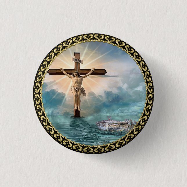 Jesus hanging from a christian crucifixion cross. 1 inch round button (Front)