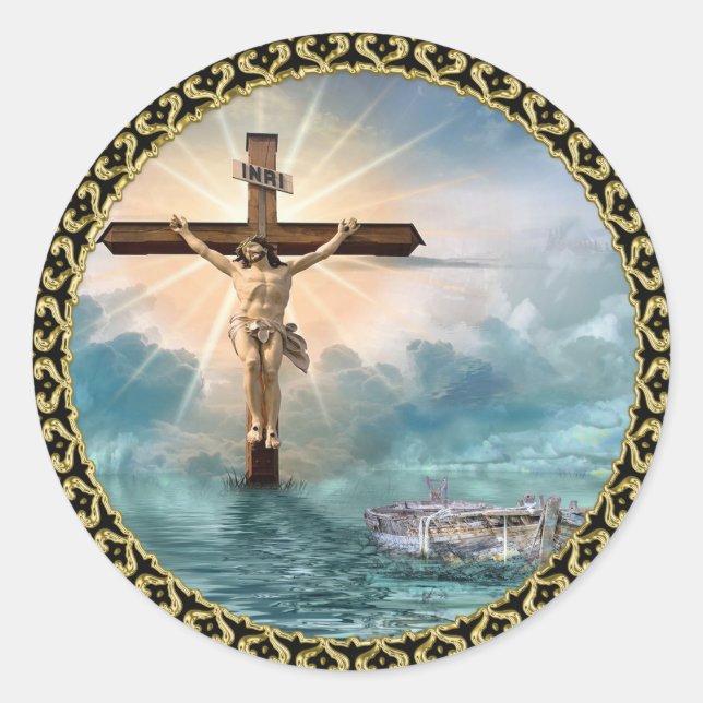 Jesus hanging from a christian crucifixion cross. classic round sticker (Front)