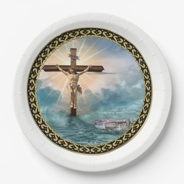 Jesus hanging from a christian crucifixion cross. paper plate (Front)