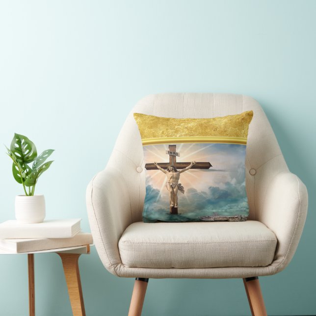 Jesus hanging from a christian crucifixion cross throw pillow (Chair)