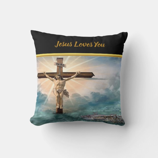 Jesus hanging from a christian crucifixion cross throw pillow (Front)