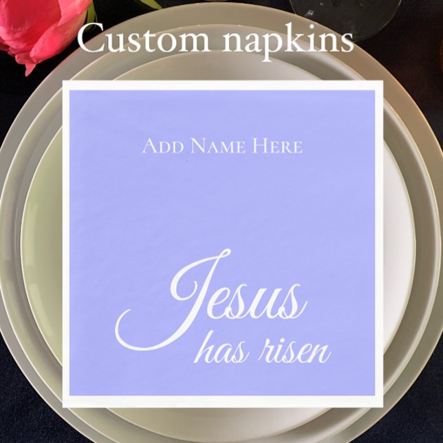 Jesus Has Risen Custom Purple Christian Easter  Napkin (Add your custom text to personalize these purple blue bell Jesus has risen Easter napkins.)