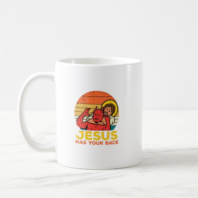 Jesus Has Your Back Jiu Jitsu Retro Christian Men Coffee Mug (Left)