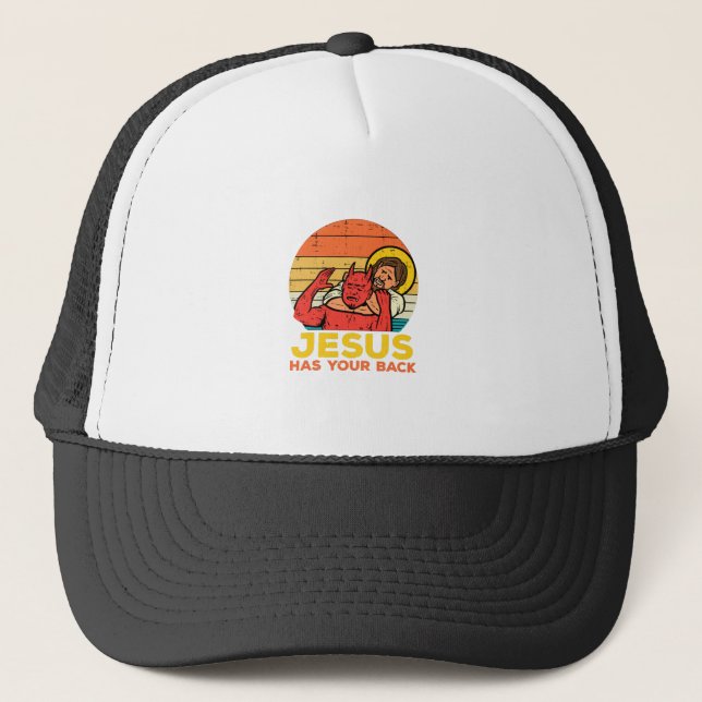 Jesus Has Your Back Jiu Jitsu Retro Christian Men Trucker Hat (Front)
