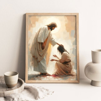 Jesus Heals the Bleeding Woman, Christian Painting Poster