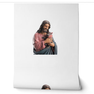 Jesus Holding a Baby Hippo Painting Playful Twist Wallpaper